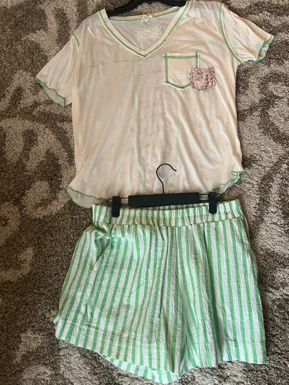 POL White Tee with Green Trim & Green-White Striped Shorts Set